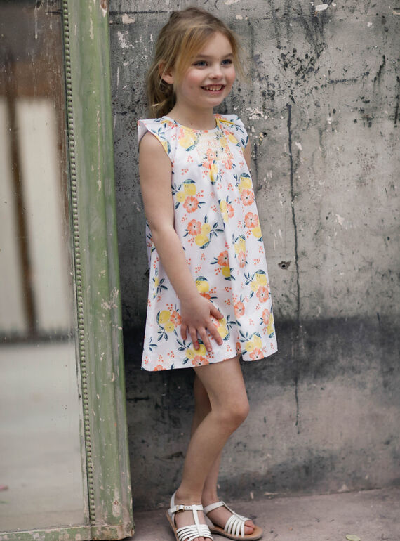 Vestido blanco y amarillo, con estampado de limón y floral, para niña ZICITETTE / 21E2PFO1ROB000