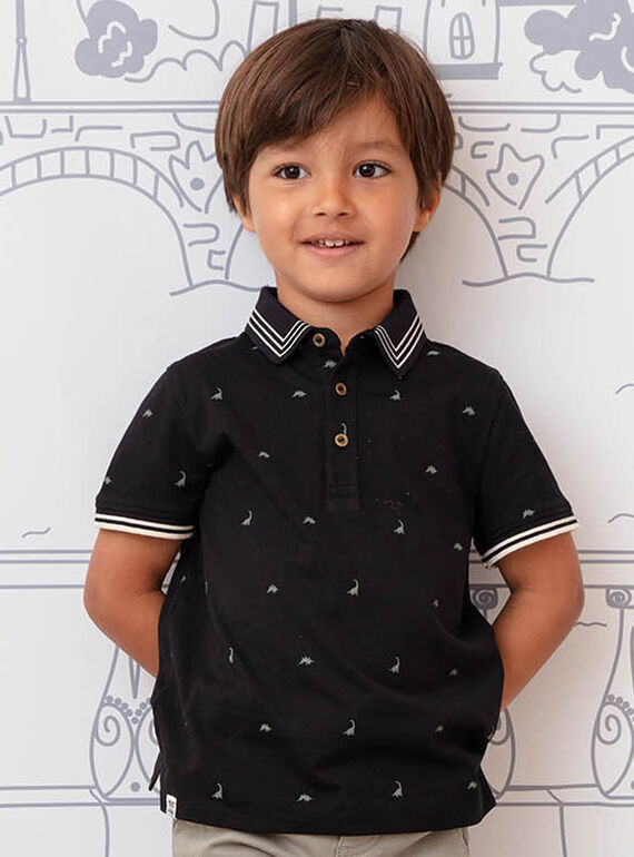 Polo negro de manga corta con bordado de dinosaurios para niño BAPOLAGE / 21H3PG21POL090