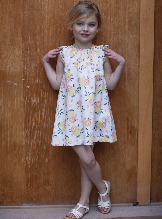 Vestido blanco y amarillo, con estampado de limón y floral, para niña ZICITETTE / 21E2PFO1ROB000