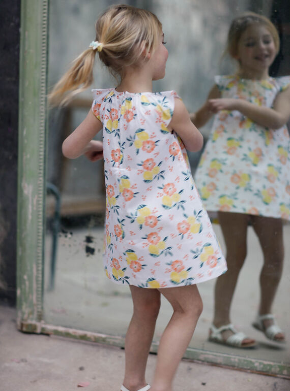 Vestido blanco y amarillo, con estampado de limón y floral, para niña ZICITETTE / 21E2PFO1ROB000