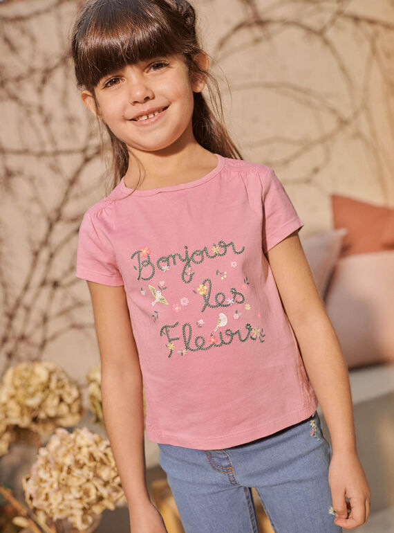 Camiseta rosa bordada con texto floral de fantasía para niña CETIETTE / 22E2PFB1TMC305