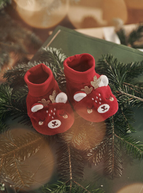 Patucos rojos de terciopelo con dibujo en 3D de renos de Navidad 