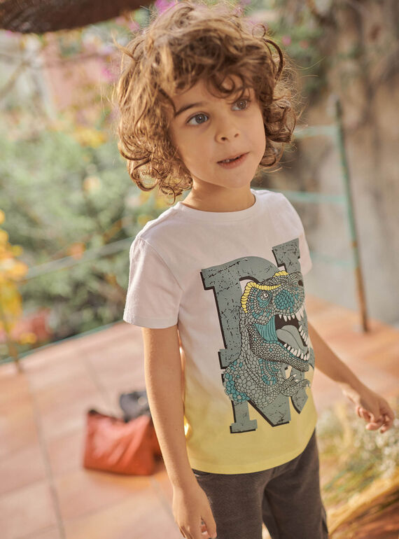 Camiseta tie-dye de color amarillo con estampado de dinosaurio fantasía para niño CATICHAGE / 22E3PGB2TMC116