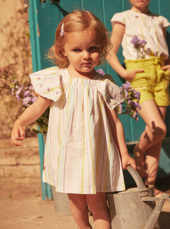 Conjunto de vestido y calzón de color crudo con estampado de rayas de popelín LAALBERTINE / 24H1BFI2ROB001