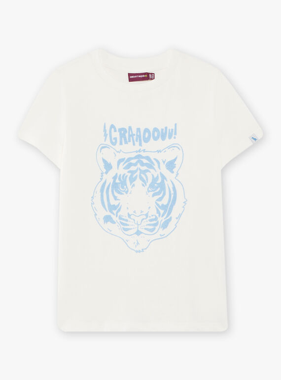 Camiseta de color crudo y azul claro con estampado de tigre texturizado para niño CAZOTAGE3 / 22E3PGF1TMC001