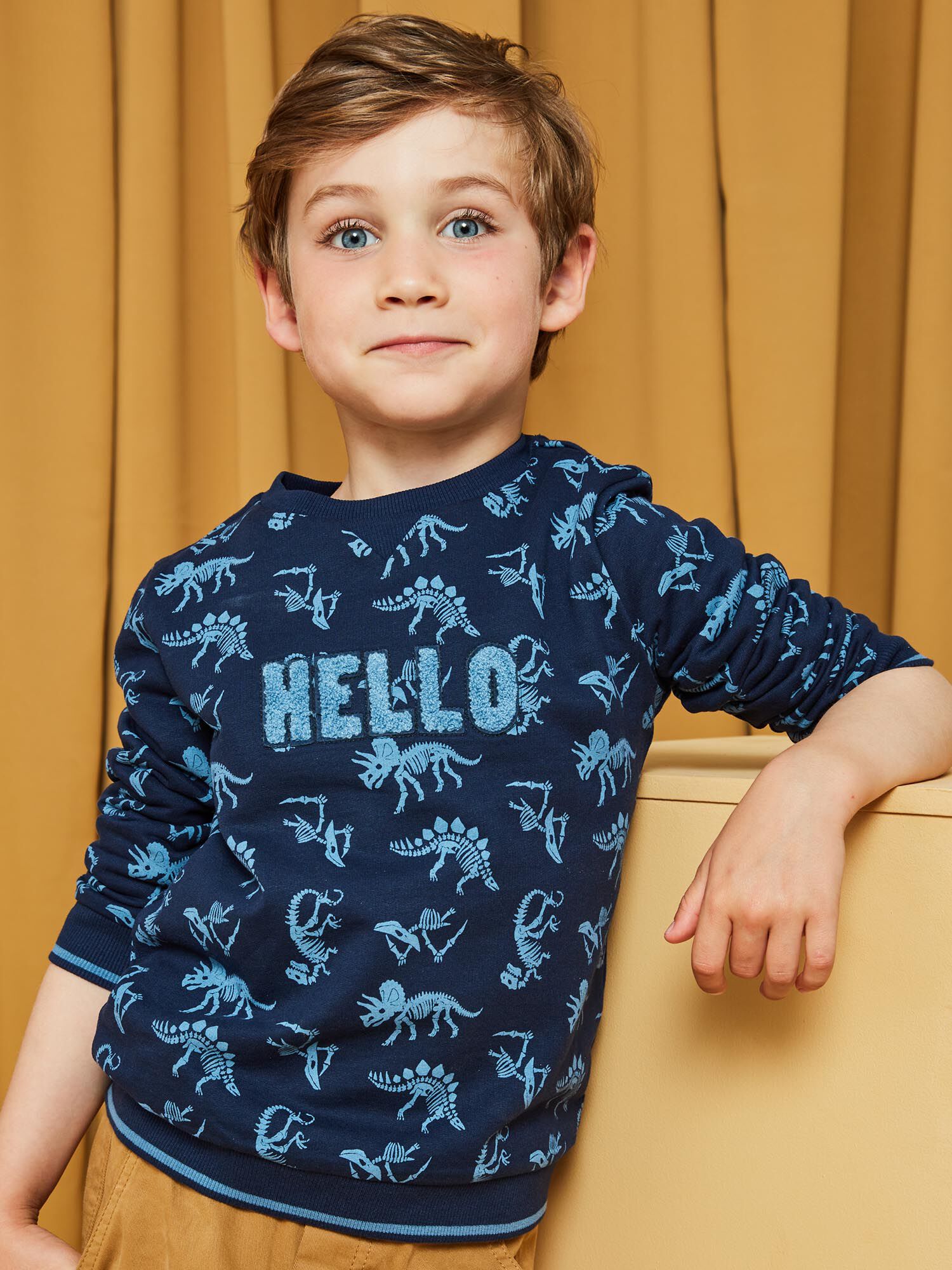 Sudadera azul marino con estampado de esqueleto de dinosaurio