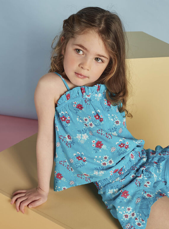 Camiseta de tirantes azul turquesa con estampado de flor y tortugas para niña CAUDEBETTE 2 / 22E2PFT2DEB202