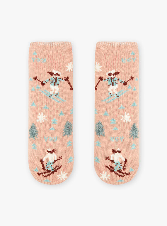 Calcetines de color rosa antideslizantes con estampado de esquí en la montaña para niña BLATUETTE / 21H4PFO1SOA318
