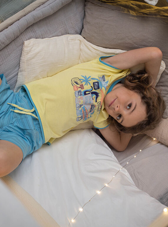 Pijama amarillo flúor y azul con estampado de cocodrilo en la playa para niño CAPLAGE / 22E5PG51PYJB113